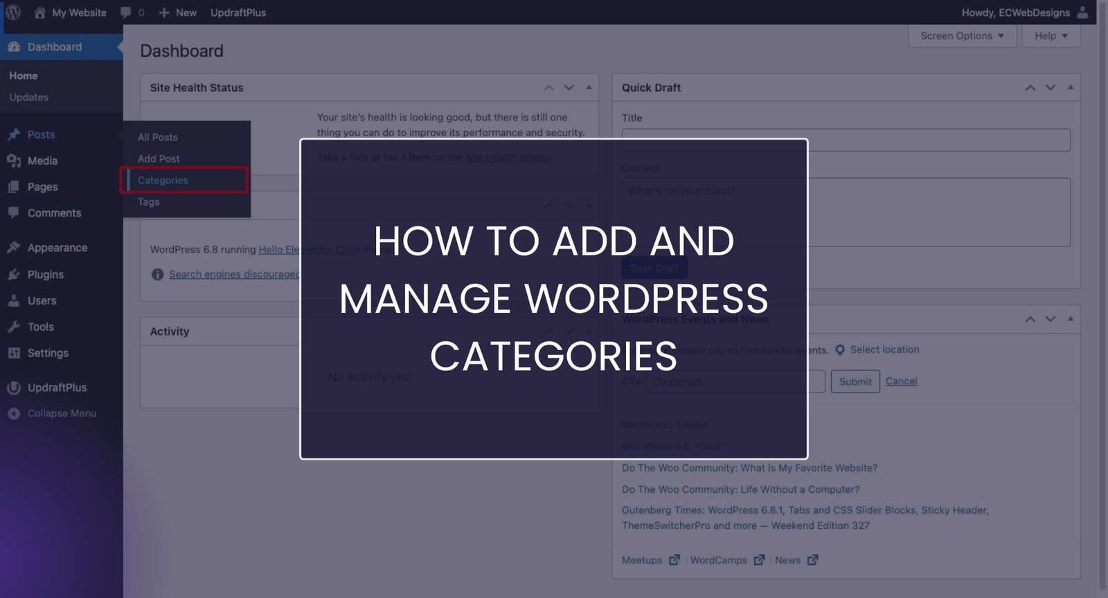 WordPress admin dashboard with post categories selected
